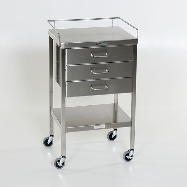 Midcentral Medical SS Utility Table 16"w x 20"l x 34"H, with 3 Drawers and 3-Sided Guardrail MCM522